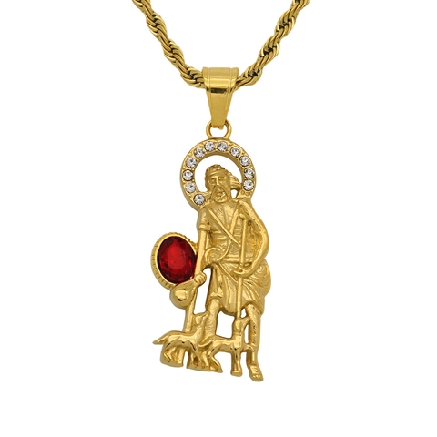 Collier Pendentif Saint Christophe Acier Inoxydable Plaqué Or Avec Strass Autrichien Rouge Médaille Religieuse Hip Hop