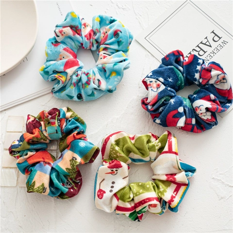 Chouchous De Noël En Velours Élastiques À Cheveux Festifs Avec Imprimé Père Noël Flocons De Neige Accessoires De Fête Pour Femmes
