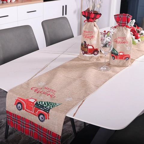 Christmas Table Runner And Wine Bottle Covers Faux Burlap Linen Red Truck Tree Print Buffalo Plaid Holiday Dining Decor