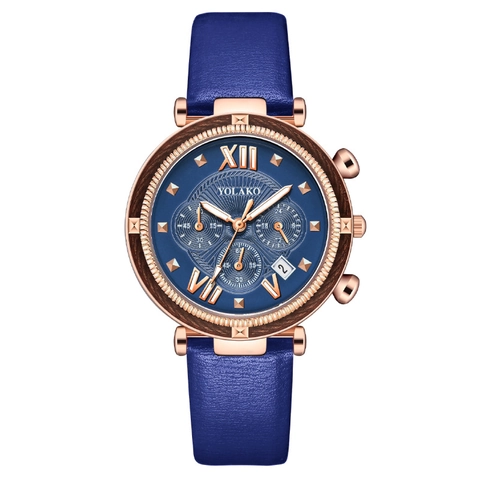 Fashion Women Quartz Watch Alloy Rose Gold Case Leather Strap Date Calendar Three Eye Roman Numeral Analog Wristwatch Elegant