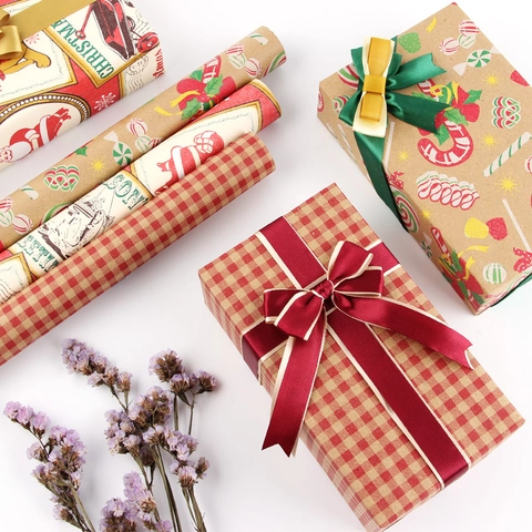 Christmas Gift Wrapping Paper Vintage Kraft Red Plaid Festive Holiday Patterns Birthday Large Packaging Supplies