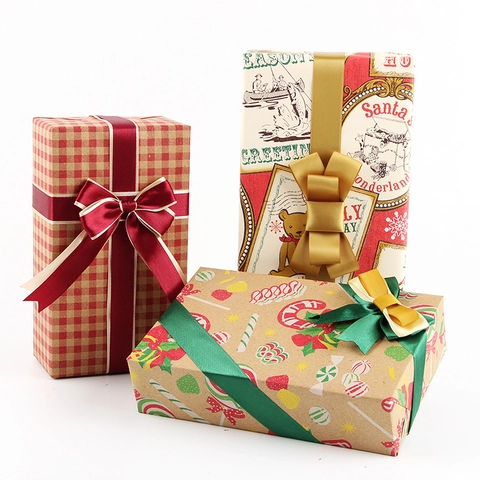 Christmas Gift Wrapping Paper Vintage Retro Kraft Paper For Holiday Birthday Santa Teddy Bear Plaid Patterns Decorative