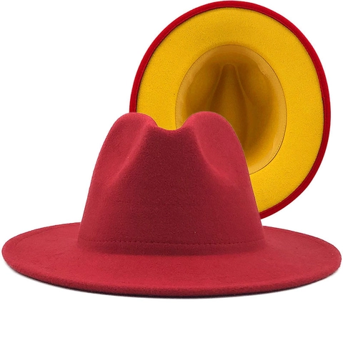 Klassieke Tweekleurige Wolvilt Fedora Hoed Brede Rand Vintage Jazz Pet Contrastkleur Stijlvolle Hoofddeksels Voor Heren En Dames