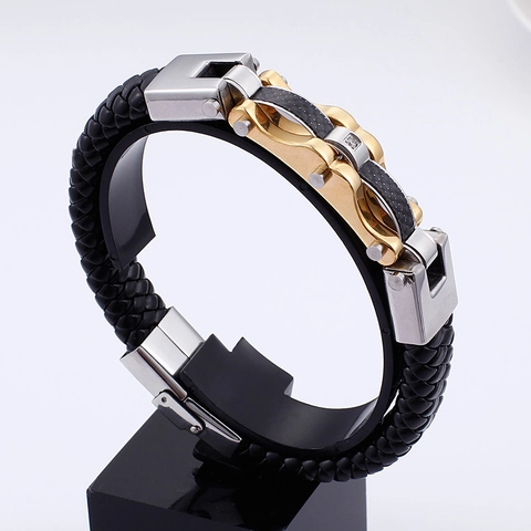 Men Geflochtenes Lederarmband Mit Edelstahl Schnalle Und Kohlefaser Inlay Retro Business Casual Punk Schmuck