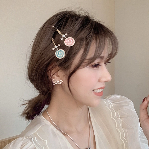 Lollipop Haarklammer Legierung Strass Imitation Künstliche Perle Koreanisch Süß Glänzend Seitenknall Barrette Für Frauen Mädchen