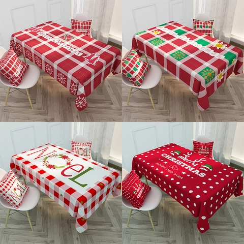Christmas Tablecloth Waterproof Polyester Linen Nordic Red Plaid Reindeer Reusable Table Cover For Holiday Dining Decor