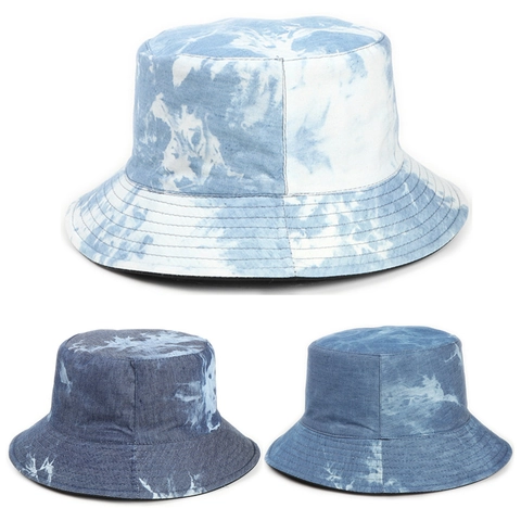 Bucket Hat Baumwolle Wendbar Tie Dye Denim Blau Sonnenschutz Faltbar Sommer Outdoor Reise Stil Für Damen