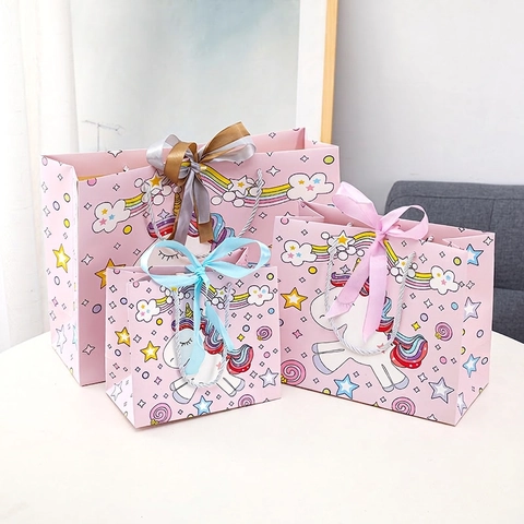 Unicorn Rainbow Gift Bags Paper With Ribbon Bow Cartoon Style For Kids Birthday Party Favor Packaging