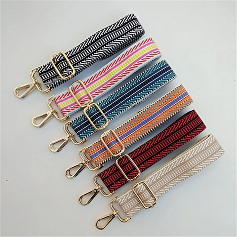 Wide Bag Strap Replacement Ethnic Style Geometric Weave Adjustable Shoulder Crossbody Canvas Belt With Metal Buckles