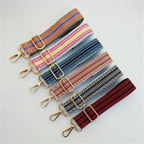 Wide Bag Strap Replacement Ethnic Style Geometric Weave Adjustable Shoulder Crossbody Canvas Belt With Metal Buckles