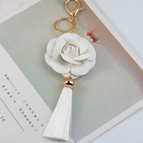 PU Leder Kamelie Blume Quasten Schlüsselanhänger Elegant Rose Tasche Anhänger Gold Silber Schlüsselring Für Damen Taschenzubehör
