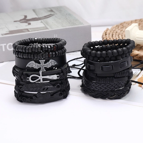 Pulsera Trenzada De Hombre Vintage Cuero De Vaca Cuentas Madera Aleación Gótico Punk Multicapa Apilable Cruz Alas Joyería