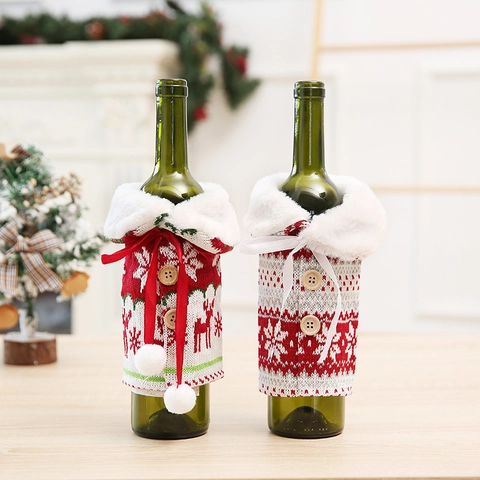 Christmas Wine Bottle Cover Knitted Snowflake Reindeer Pattern Faux Fur Collar Wooden Buttons Dinner Table Decoration Party