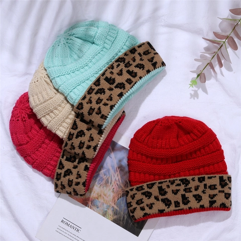 Leopard Print Knitted Beanie Winter Warm Acrylic Folded Cuff Beanie Hat For Women Men Outdoor Casual Fashion Headwear