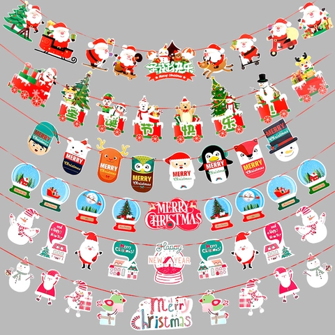 Weihnachts Banner Girlande Papier Cartoon Weihnachtsmann Rentier Schneemann Zug Innen Haus Party Deko