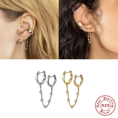 Double Piercing Link Creolen Mit 925 Sterling Silber Ohrstecker Und Runder Zirkonia Kette Trendiger Damenschmuck