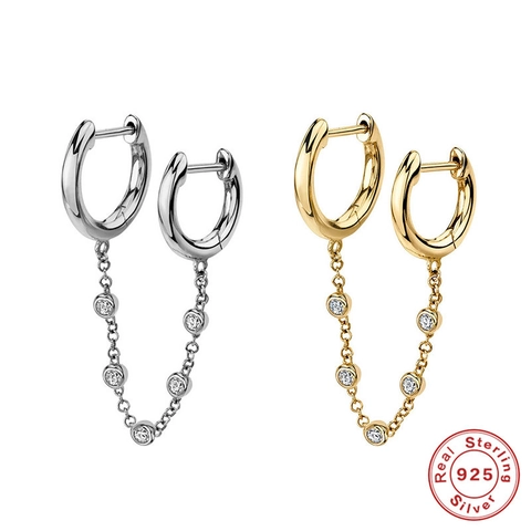 Double Piercing Link Creolen Mit 925 Sterling Silber Ohrstecker Und Runder Zirkonia Kette Trendiger Damenschmuck