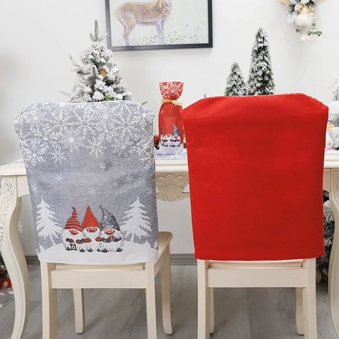 Christmas Chair Covers Red Grey Fabric Gnome Snowflake Print Dining Seat Back Covers For Xmas Party Holiday Home Decor