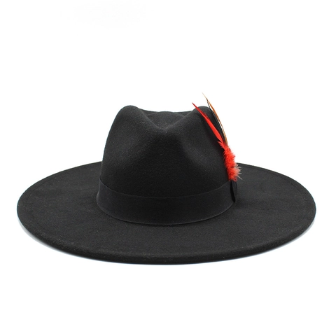 Wide Brim Fedora Hat With Feather Decoration Ribbon Band Retro Western Style Jazz Felt Cap For Men Women