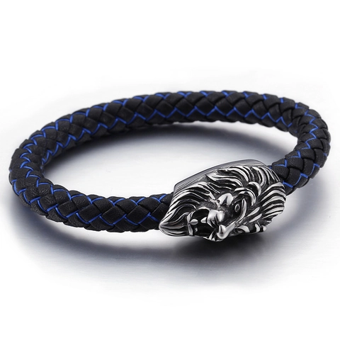 Men Braided Leather Bracelet With Stainless Steel Lion Skull Head Retro Punk Bangle Jewelry Gift For Male