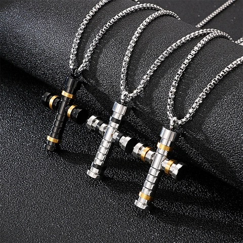 Industrial Mechanical Style Cross Pendant Necklace Stainless Steel Punk Fashion Jewelry For Men