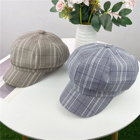 Retro Plaid Newsboy Cap For Women Cotton Octagonal Hat Vintage Autumn Winter Warm Adjustable Painter Hat