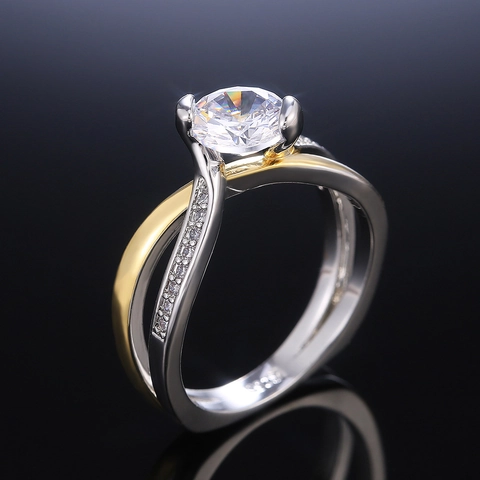 Elegant Round Cut Zircon Two-Tone Copper Engagement Ring For Women Twisted Band Bridal Wedding Jewelry Gift