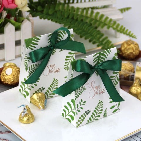 Wedding Candy Favor Boxes Cardboard Green Leaf Pattern With Satin Ribbon Gold Save The Date Text For Party