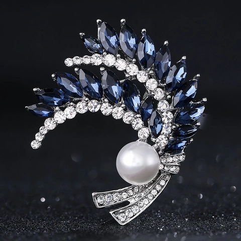 Elegant Wheat Ear Brooch With Marquise Crystal Rhinestone And Faux Artificial Pearl Curved Feather Shape Jewelry For Women