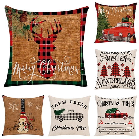 Christmas Cushion Cover Linen Square Decorative Pillowcase Seasonal Farmhouse Plaid Xmas Decor For Sofa Couch Home