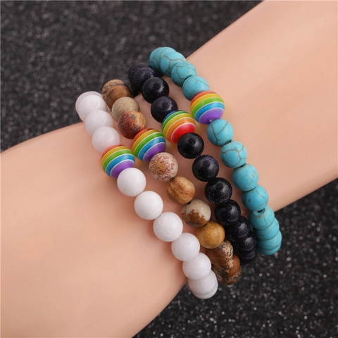 Beaded Bracelet Natural Stone Elastic Rainbow Stripe Bead Pride Jewelry For Couples Men Women