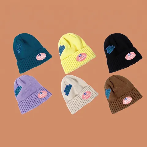 Beanie Hat Acrylic Knit Warm Winter Embroidered Letter Patch Cuffed Pullover Skull Cap Unisex