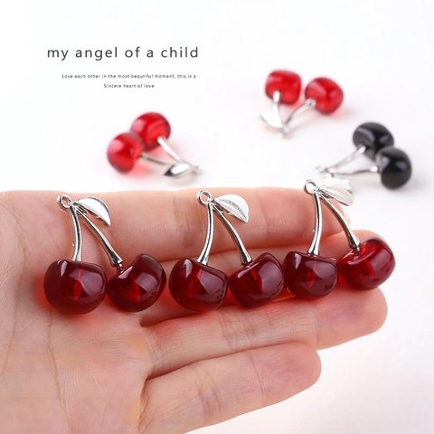 Realistic Cherry Charms Resin Fruit Pendants With Alloy Silver Stem For DIY Jewelry Making Sweet Accessories