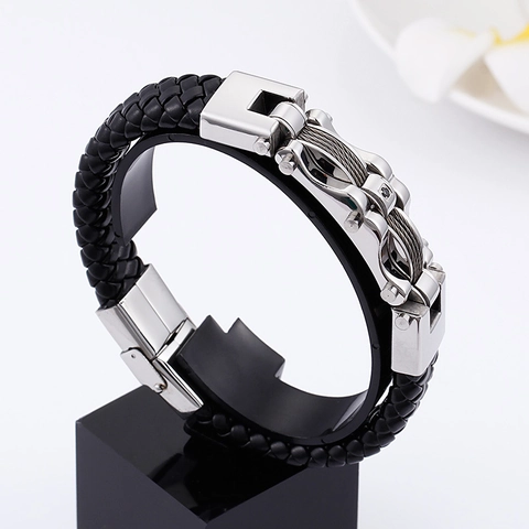 Men Braided Leather Bracelet With Stainless Steel Magnetic Clasp Industrial Geometric Style Fashion Jewelry