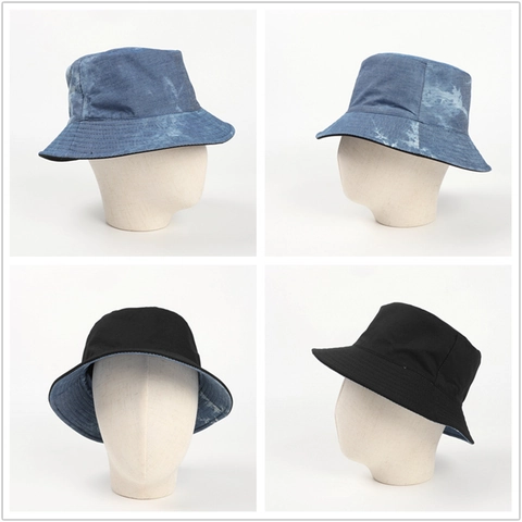 Bucket Hat Baumwolle Wendbar Tie Dye Denim Blau Sonnenschutz Faltbar Sommer Outdoor Reise Stil Für Damen