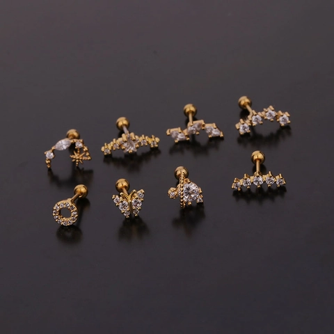 Cartilage Piercing Stud Earrings Stainless Steel Post Zircon Butterfly Moon Star Screw Back Jewelry For Women
