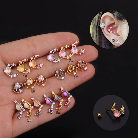 Stainless Steel Rod Ear Cartilage Studs Copper Inlaid Zircon Colorful Gemstone Piercing Jewelry Fashion For Women