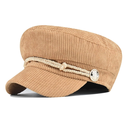 Retro Cord-Schirmmütze Für Damen Britischer Stil Verstellbare Baker Boy Mütze Mit Geflochtenem Seil Und Metallknopf