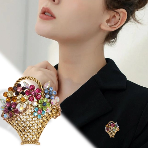 Vintage Flower Basket Brooch Pin Alloy With Colorful Rhinestones Crystals For Women Suit Scarf Decoration Accessory