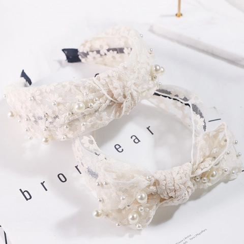 Lace Embroidered Flower Headband With Faux Artificial Pearls Bowknot Knotted Wide Hair Hoop For Women Girls Sweet Retro
