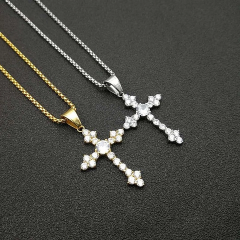 Collana Con Ciondolo A Croce Hip Hop Acciaio Al Titanio Zirconia Placcato Oro Sottovuoto Gioielli Alla Moda Per Uomo