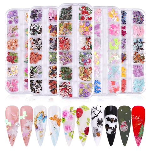 Nail Art Decoration Wood Pulp Flakes Mixed Flowers Butterfly Halloween Christmas DIY Manicure Accessories Supplies