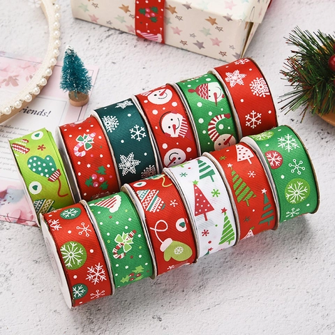 Christmas Ribbons Polyester Grosgrain Satin Bronzing Printed For Gift Wrapping DIY Craft Holiday Festive Decoration