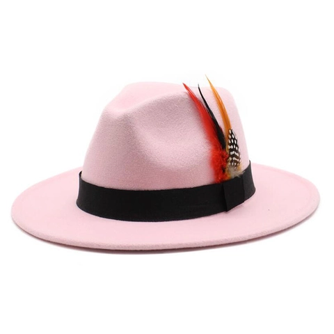 Vintage Fedora Hat Woolen Felt Wide Brim Retro British Style Ribbon Colorful Feather Decor Unisex Jazz Cap