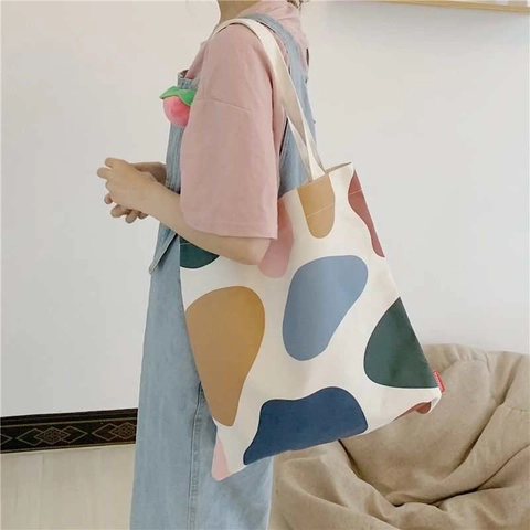 Canvas Tote Bag Cotton Shoulder Handbag Reusable Shopping Grocery Artistic Cute Cartoon Fruit Pattern Women Students