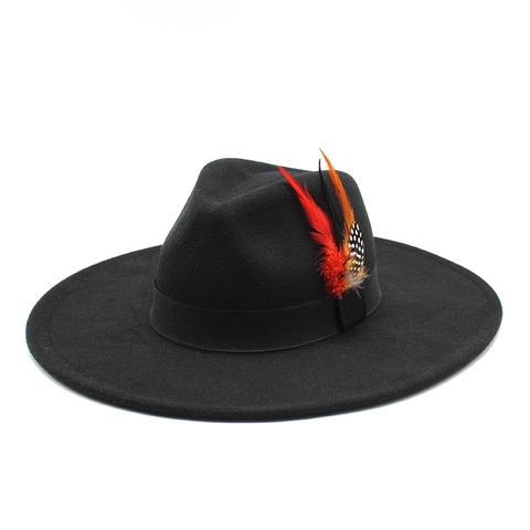 Wide Brim Fedora Hat With Feather Decoration Ribbon Band Retro Western Style Jazz Felt Cap For Men Women