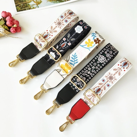 Wide Bag Strap Floral Embroidery Fabric PU Leather Adjustable Shoulder Crossbody Replacement Purse Handle Strap For Women