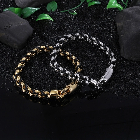 Pulsera De Cuero Trenzado Para Hombre Con Anillos Entrelazados De Acero Inoxidable Estilo Punk Geométrico Biker