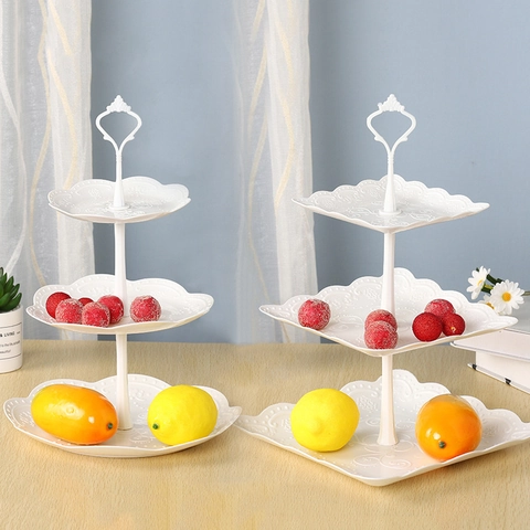 Tiered Cake Stand Plastic Dessert Tray Embossed Fruit Plate For Afternoon Tea Wedding Party Elegant Display