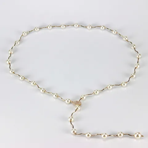 Women Elegant Artificial Pearl Metal Waist Chain Belt Fashion Rhinestone Maple Leaf Buckle Dress Decorative Chain Belt